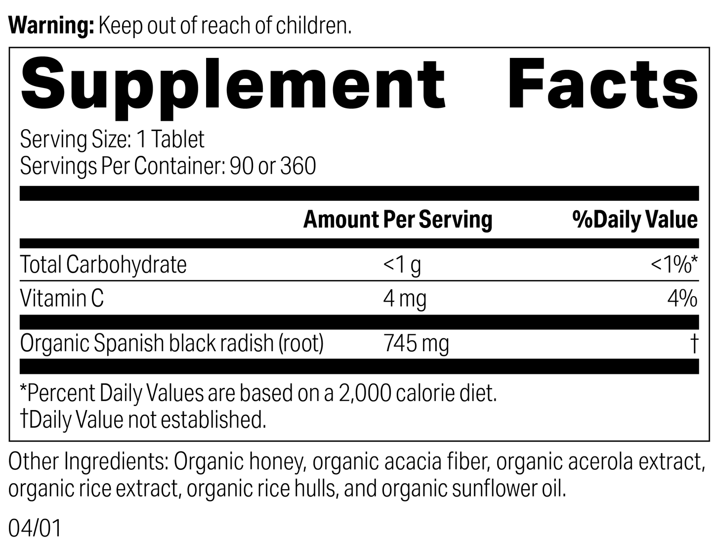 Spanish Black Radish,90 Tablets, Rev 04 Supplement Label